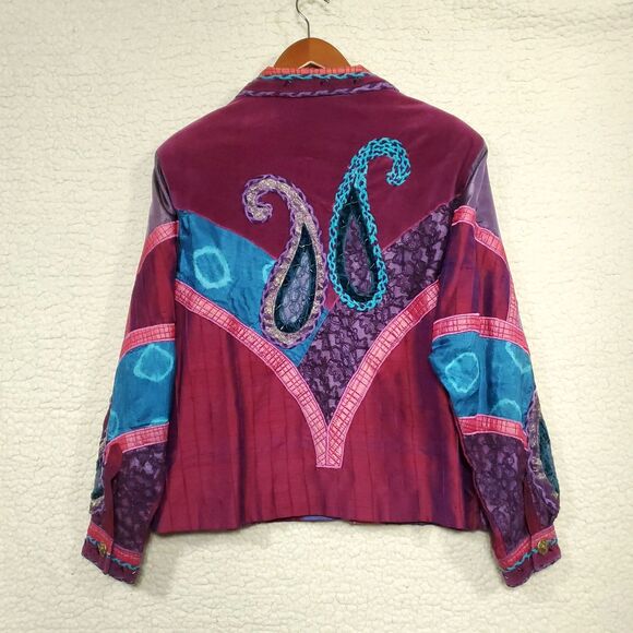 Vintage Sandy Starkman Jacket Women XL Burgundy Pink Blue Paisley Patchwork Boho - Picture 2 of 16